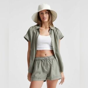 Quince Vintage Wash Tencel Camp Shirt & Utility Short Set Olive S NWOT